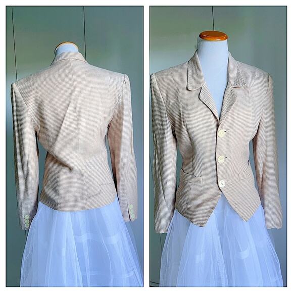 90s Vintage Blazer Tailored Size Small Tan and Pink houndstooth Print ESprit - Picture 2 of 10